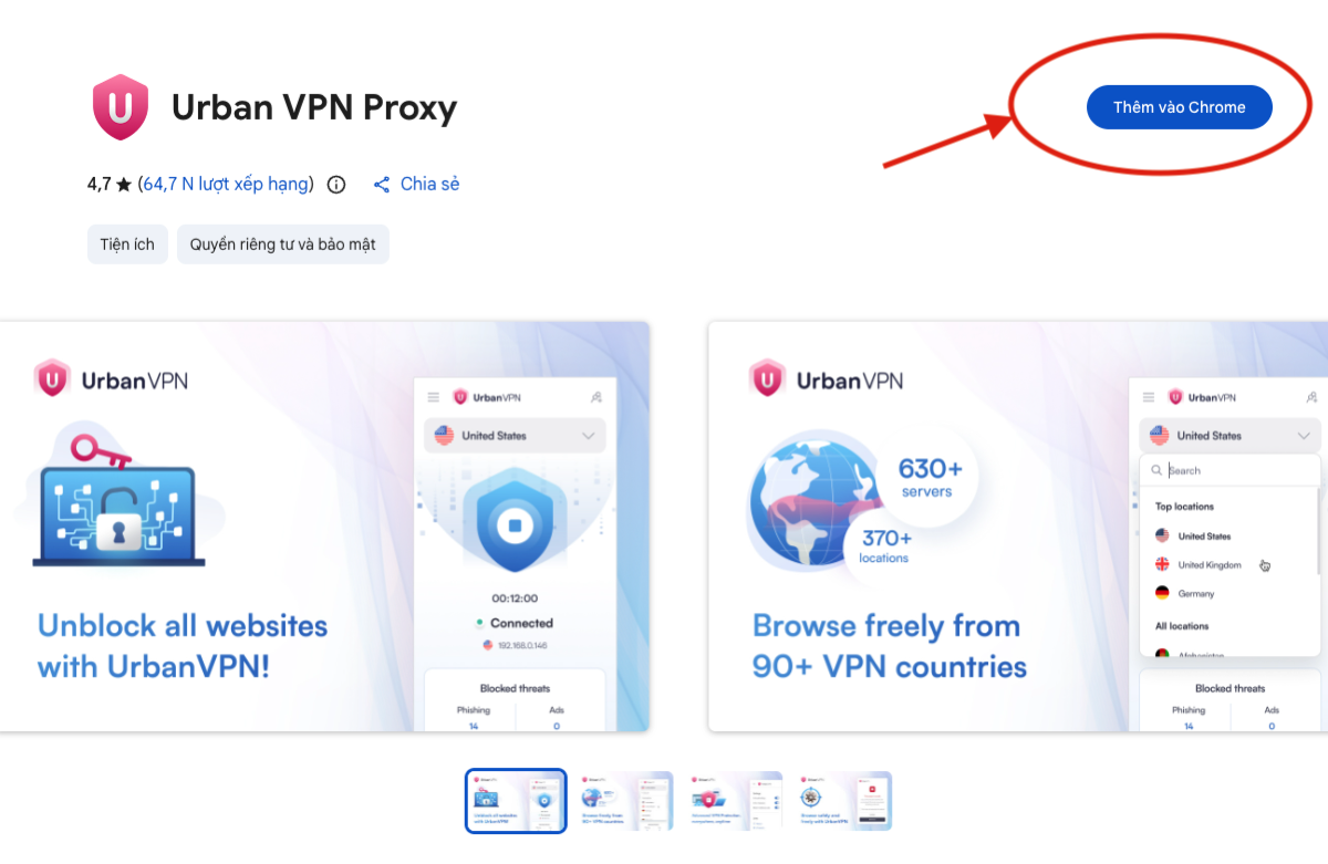 Trang Urban VPN Proxy với nút Thêm vào Chrome
