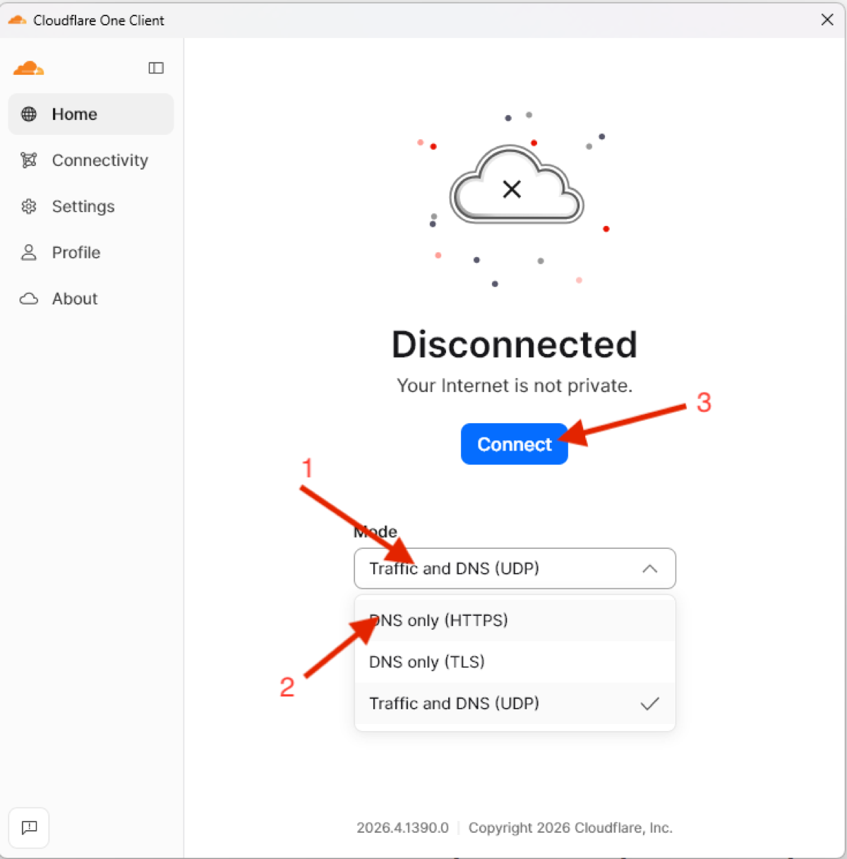 Chọn chế độ DNS only HTTPS rồi bấm Connect