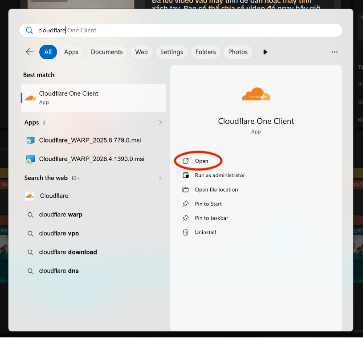 Tìm và mở Cloudflare One Client từ ô tìm kiếm Windows