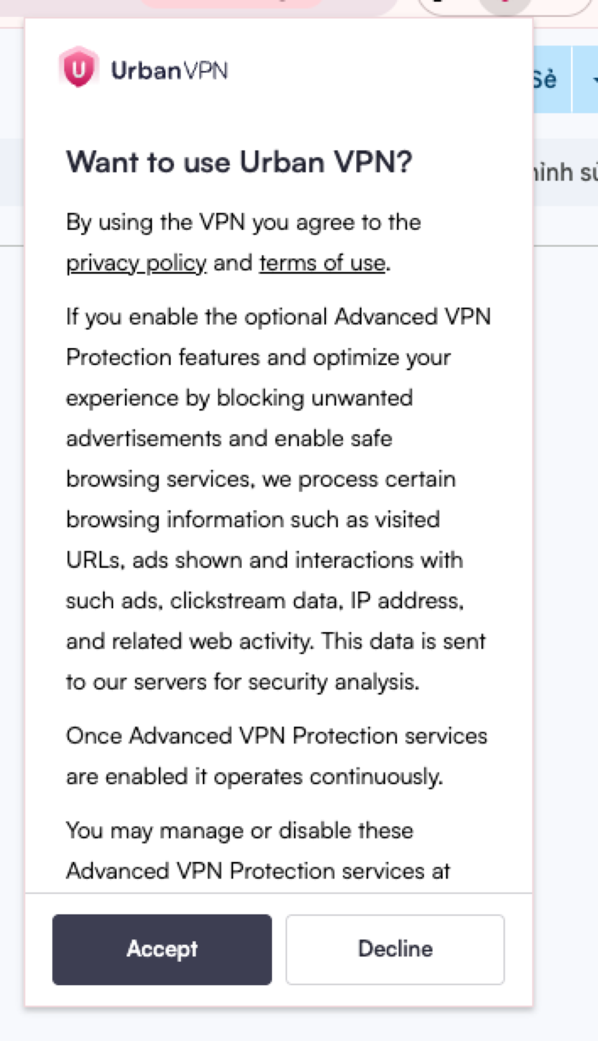 Hộp thoại Want to use Urban VPN, chọn Accept