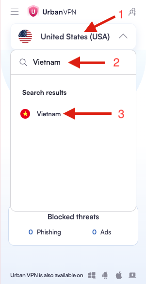 Tìm và chọn quốc gia Vietnam trong Urban VPN
